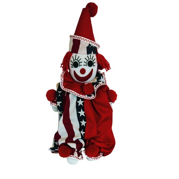 Handmade Vintage Patriotic Clown Doll With Red Hat & Star-Striped Outfit 22-Inch - Picture 1 of 4